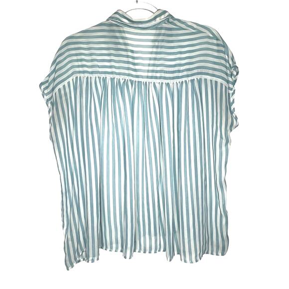 ELODIE Striped Short Sleeve Button-Front Shirt Blouse Sheer Blue White Size M/L - Picture 4 of 11